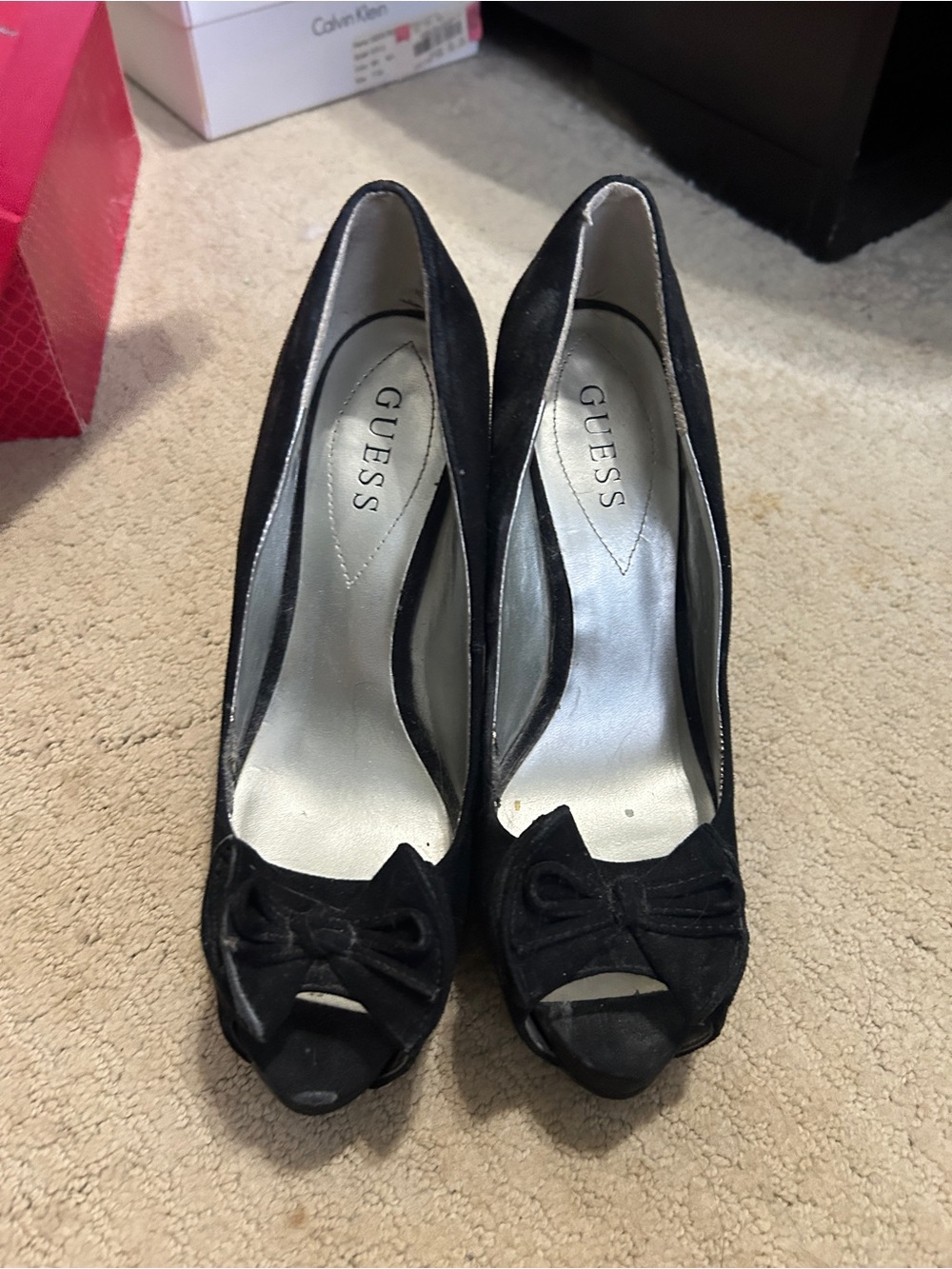 GUESS Black Suede Peep-Toe Heels with Decorative Bow